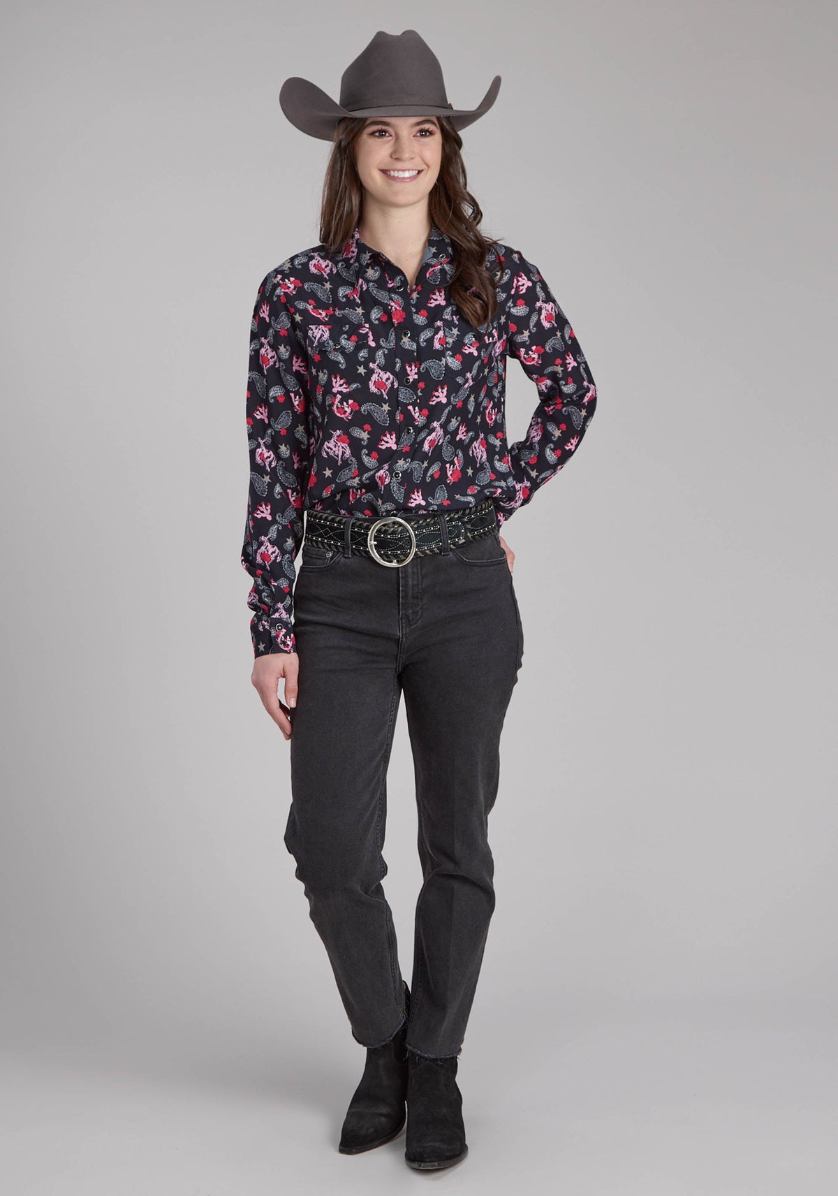 Womens Bronc Riders Printed Rayon Blouse Long Sleeve Snap Western Shirt