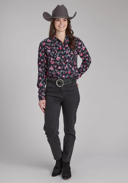 Womens Bronc Riders Printed Rayon Blouse Long Sleeve Snap Western Shirt