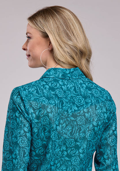 Womens Long Sleeve Button Tooled Floral Print Poly Georgette Western Shirt