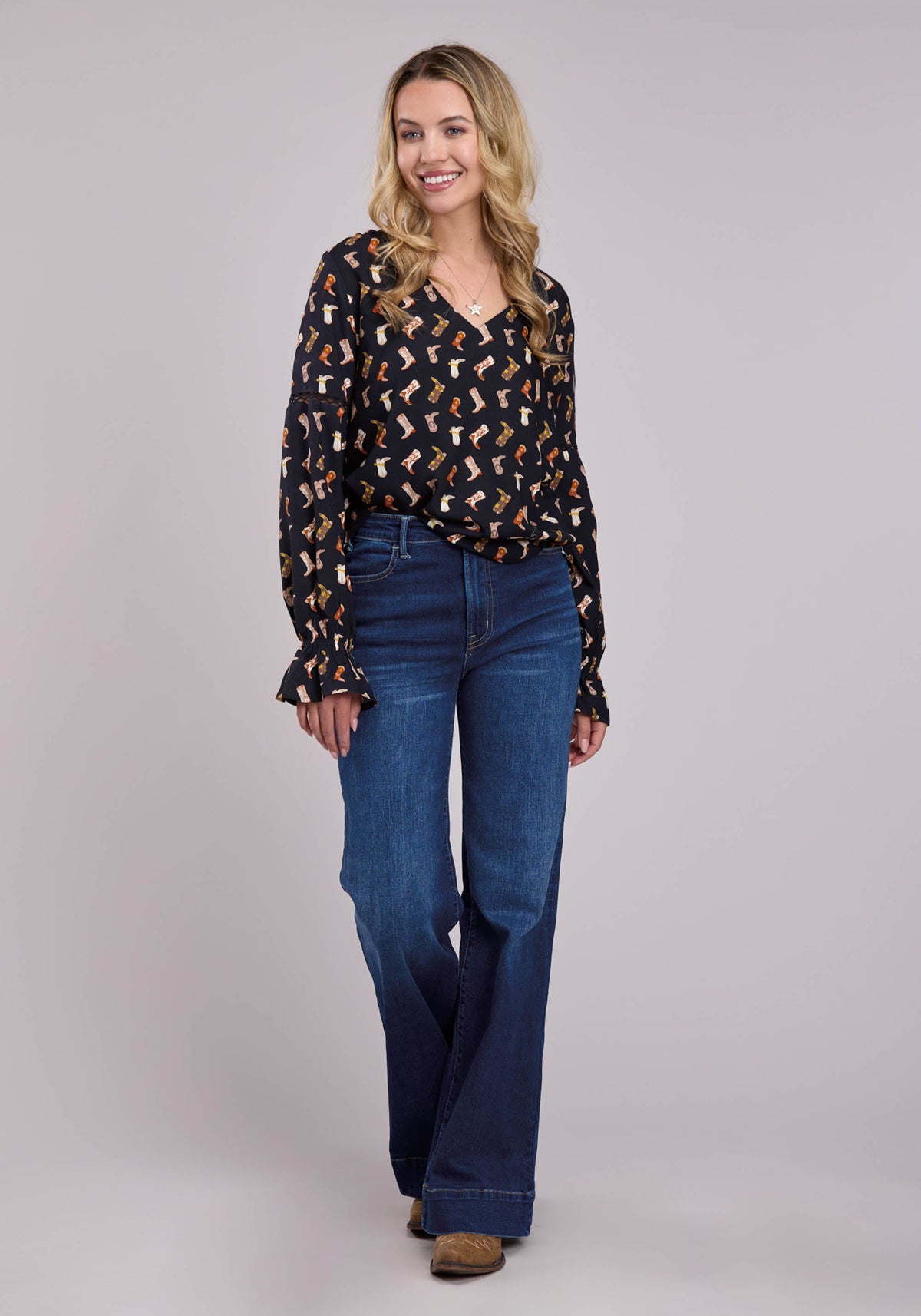 Womens Long Sleeve Pullover Boot Printed Rayon Peasant Blouse Western Shirt