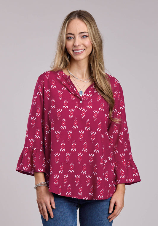 Womens Roper Raspberry Printed Rayon Long Sleeve Button Shirt