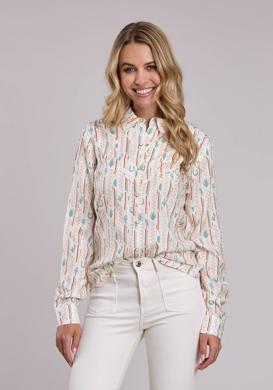 Womens Roper Checker Stripe Printed Rayon Long Sleeve Snap Shirt