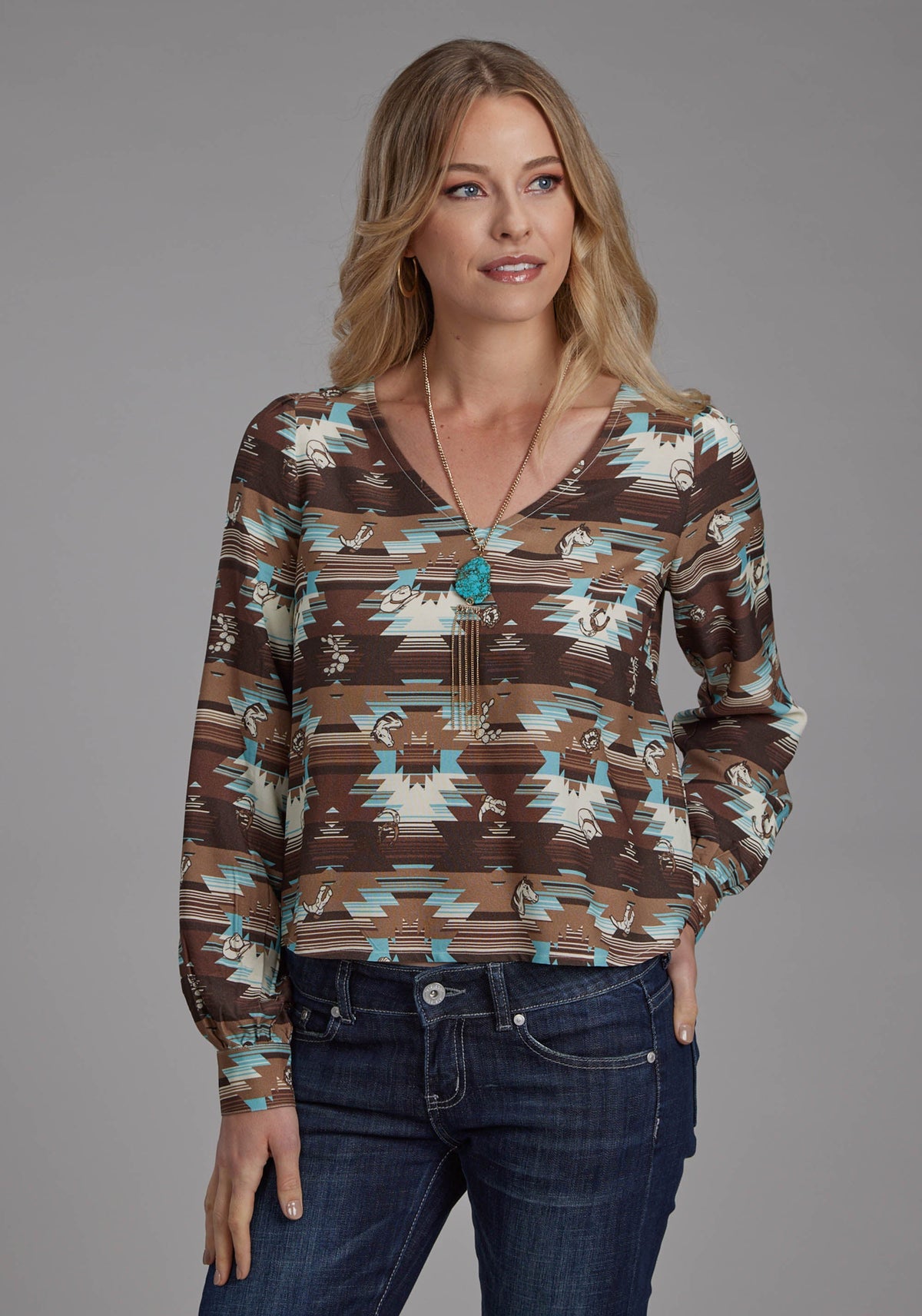 Womens Icon Aztec Printed Rayon Blouse Long Sleeve Button Western Shirt