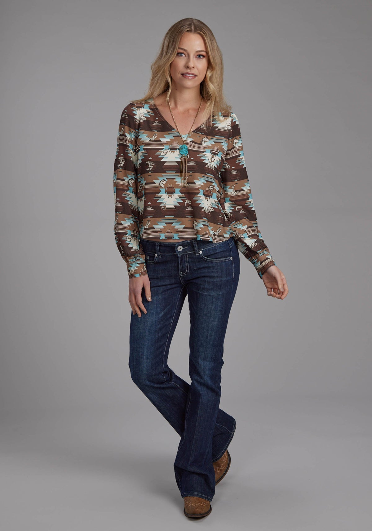 Womens Icon Aztec Printed Rayon Blouse Long Sleeve Button Western Shirt