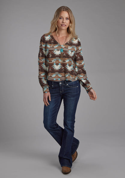 Womens Icon Aztec Printed Rayon Blouse Long Sleeve Button Western Shirt