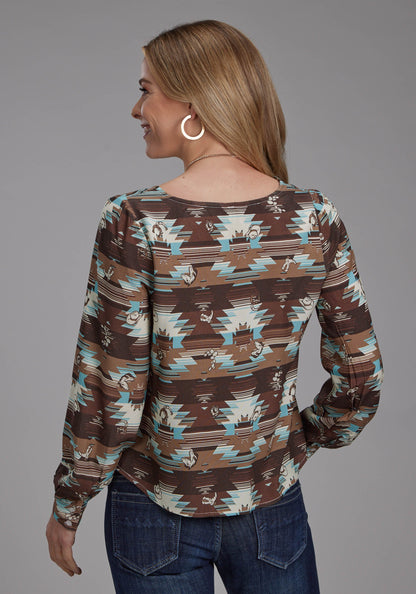 Womens Icon Aztec Printed Rayon Blouse Long Sleeve Button Western Shirt
