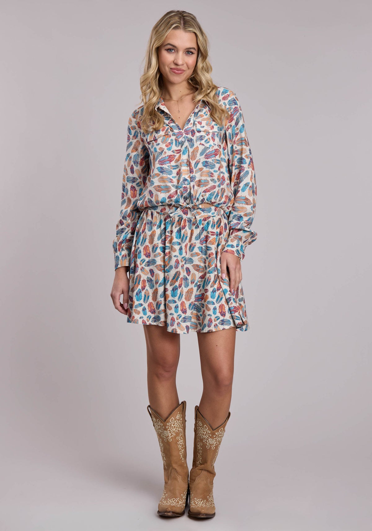 Womens Roper Feathers Printed Rayon Western Button Up Shirt