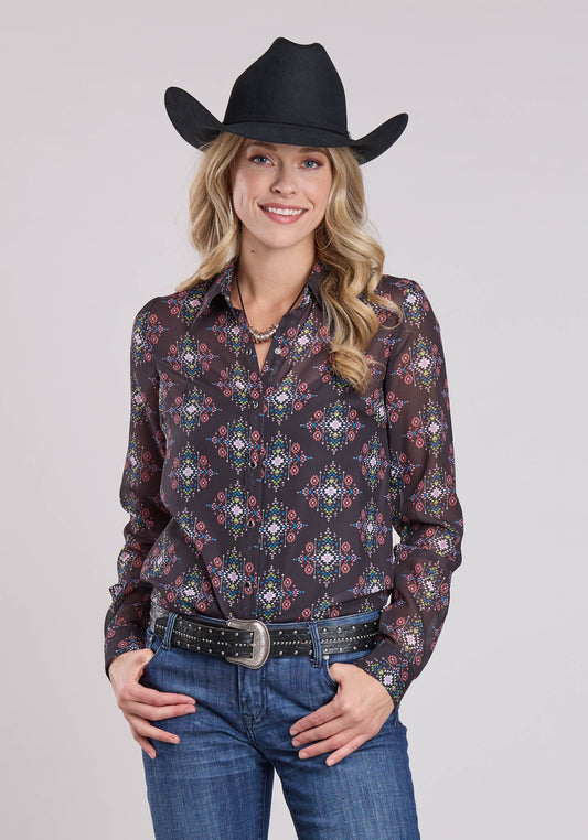 Womens Long Sleeve Snap Poly Aztec Brights Print Top Western Shirt