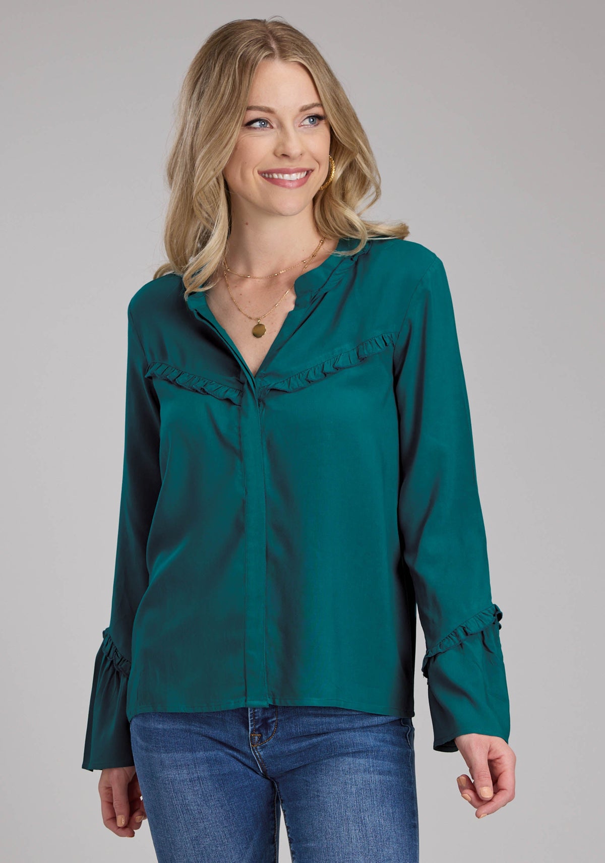 Womens Rayon Challis Peasant Blouse Long Sleeve Button Western Shirt