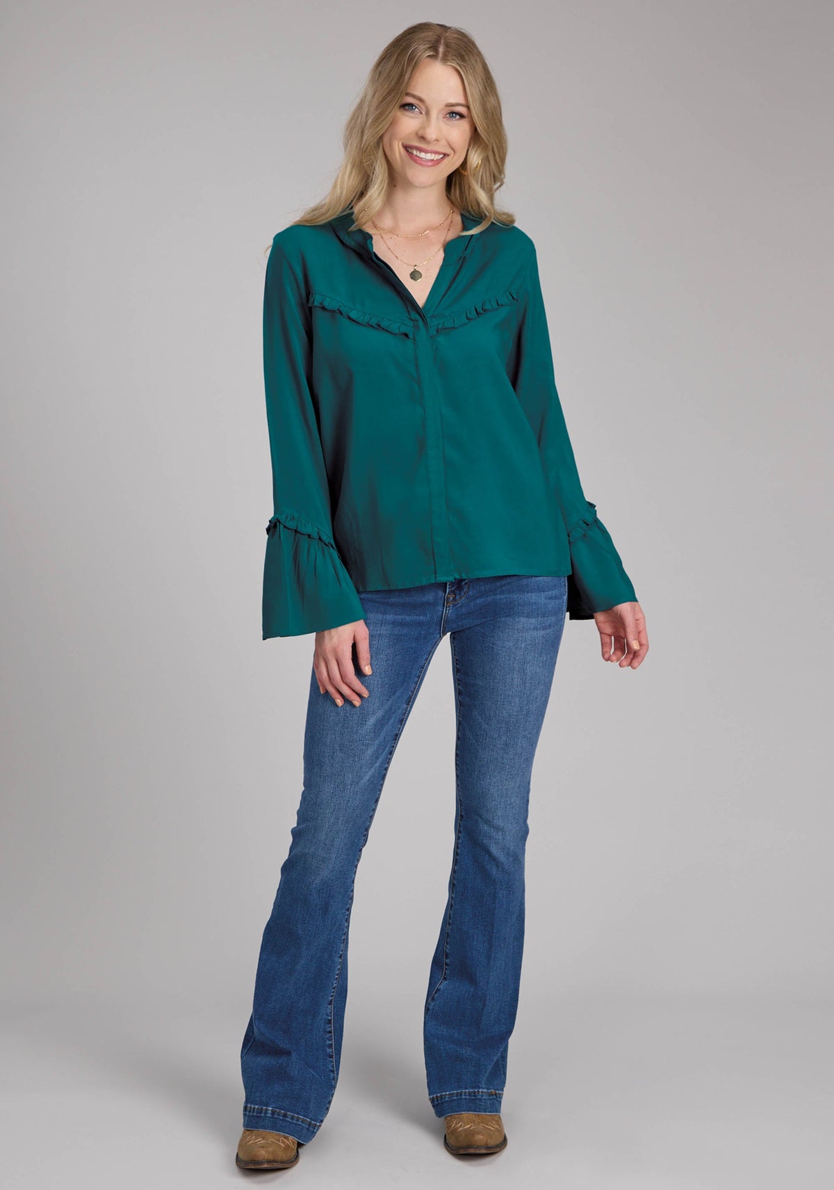 Womens Rayon Challis Peasant Blouse Long Sleeve Button Western Shirt