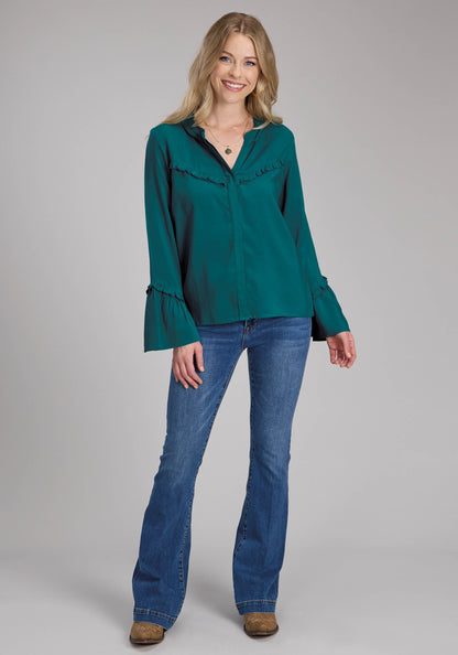 Womens Rayon Challis Peasant Blouse Long Sleeve Button Western Shirt