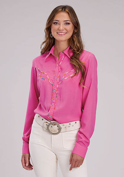 Womens Long Sleeve Snap Solid Pink Rayon Wstn Blouse Western Shirt