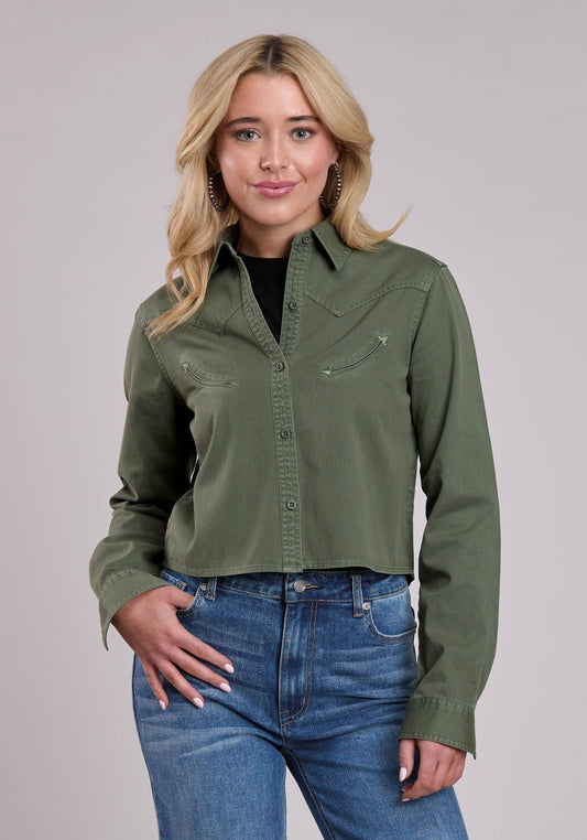 Womens Long Sleeve Button Loden Pigment Dyed Wester Shirt Western Shirt
