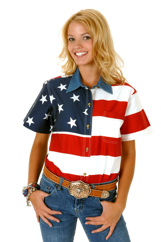 Womens Red White And Blue Stars And Stripes Pieced American Flag Short Slee