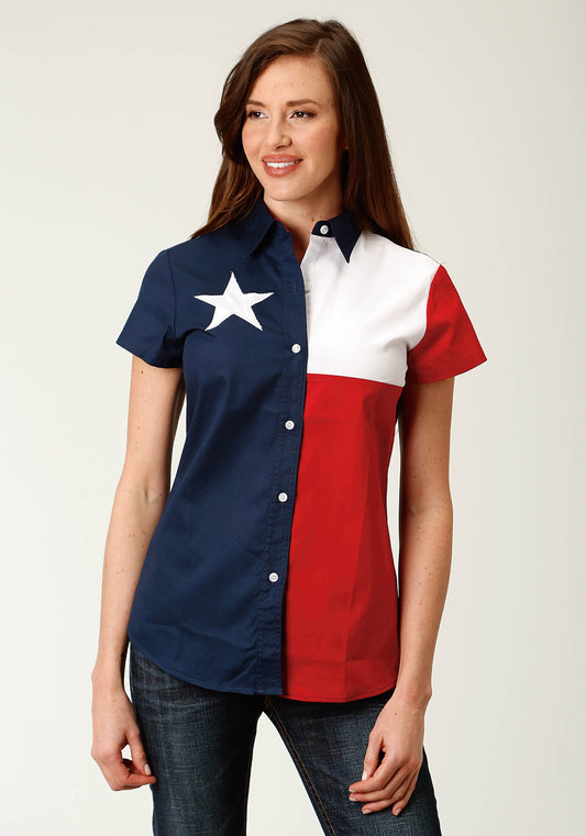 Womens Red White And Blue Pieced Texas Flag Short Sleeve Western Snap Shirt