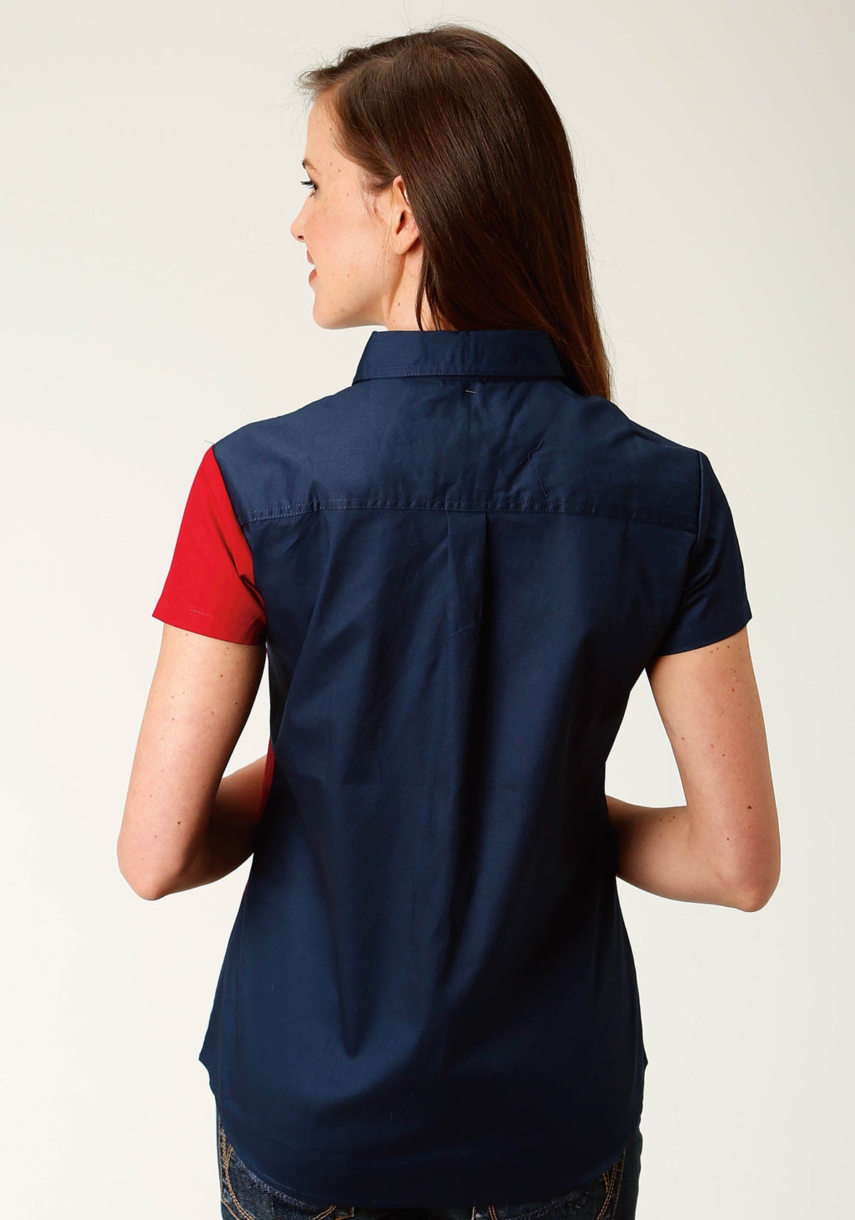 Womens Red White And Blue Pieced Texas Flag Short Sleeve Western Snap Shirt