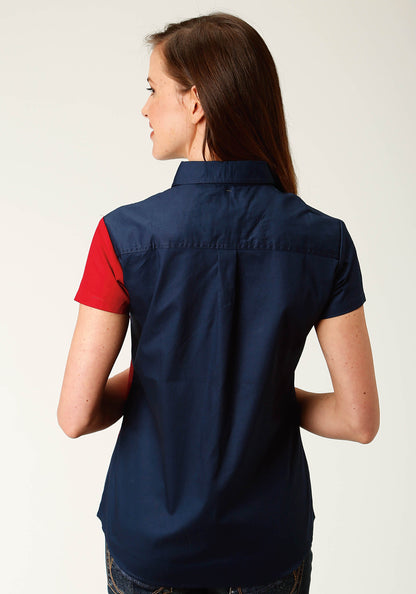 Womens Red White And Blue Pieced Texas Flag Short Sleeve Western Snap Shirt