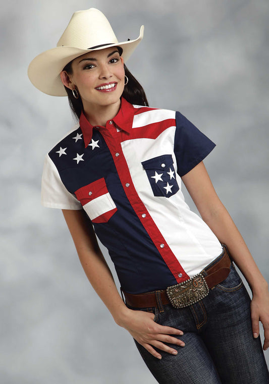 Womens Red White And Blue Colorblocked Pieced Short Sleeve Western Snap Shi