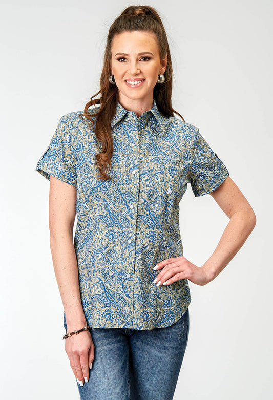 Womens Short Sleeve Snap Delft Paisley Western Shirt