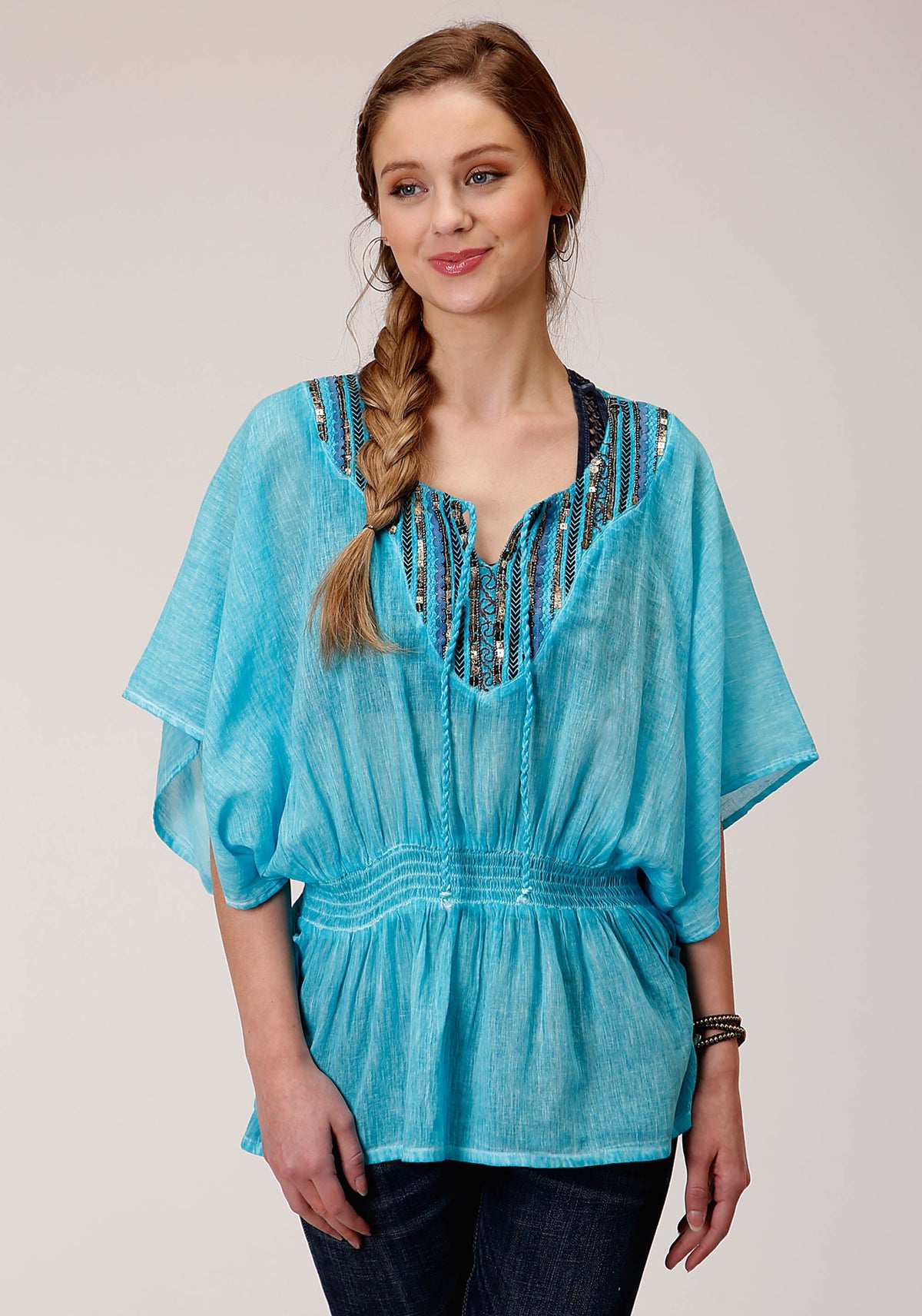 Womens Short Sleeve Cotton Crepe Emb  Blouse