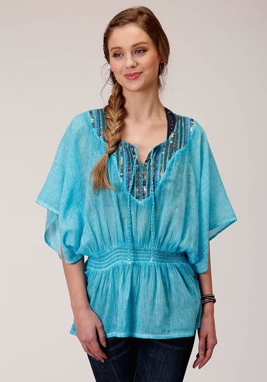 Womens Short Sleeve Cotton Crepe Emb  Blouse