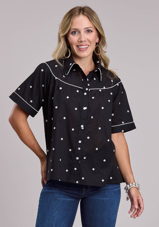 Womens Roper Black Cambric With White Polka Dot Embroidery Short Sleeve But