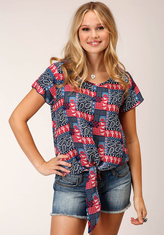 Womens Short Sleeve Bandana Print Rayon  Blouse