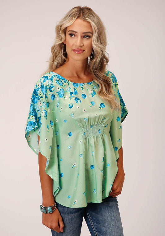 Womens Short Sleeve Summer Floral Brdr Print Amer Crepe Blouse