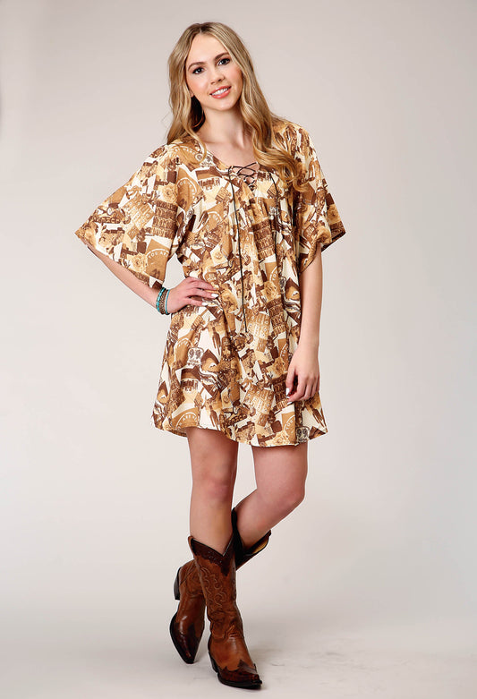 Womens Short Sleeve Collage Print Peasant Dress With Dolman Sleeves Empire