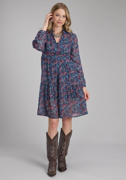 Womens "gem Floral" Print Georgette Long Sleeve Dress Button Dress