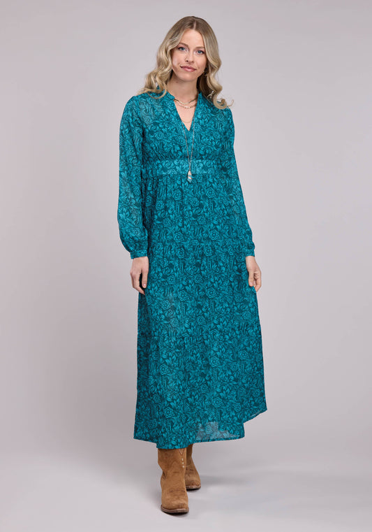 Womens Long Sleeve Dress Button Tooled Floral Print Poly Georgette Western