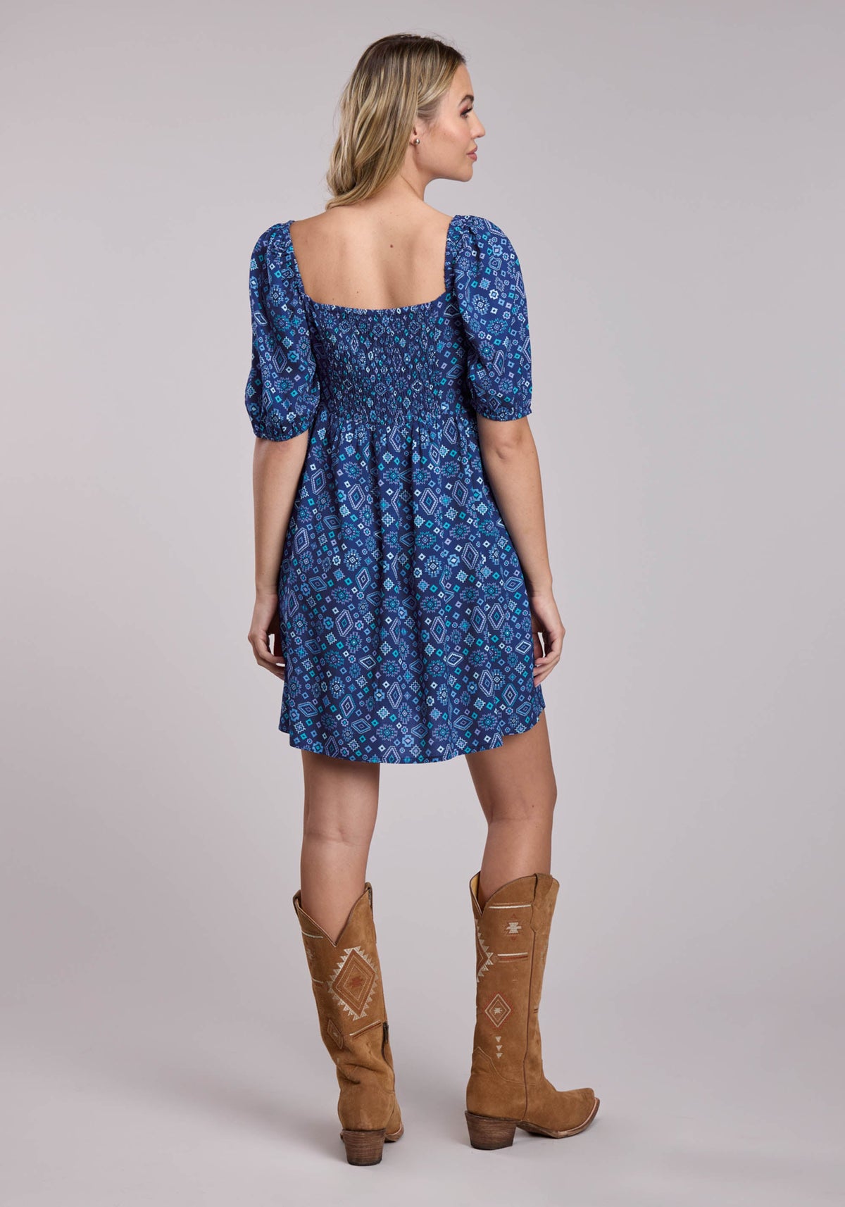 Womens Roper Blue Aztec Babydoll Short Sleeve Dress