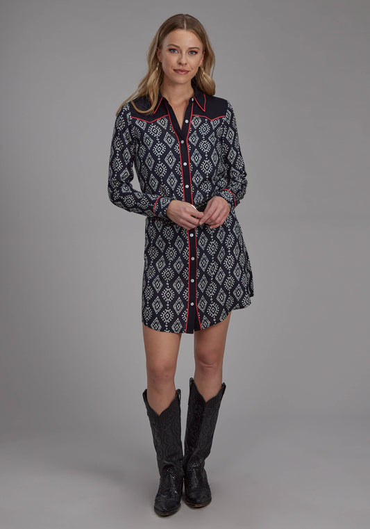 Womens Black Cream Ikat Print Rayon Long Sleeve Dress Button Dress