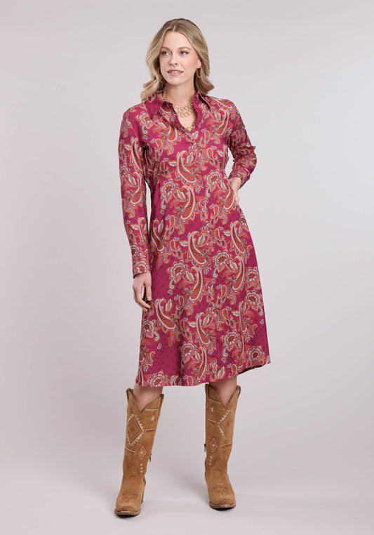 Womens Long Sleeve Dress Button Rasp Paisley Bandana Print Rayon Western Dr