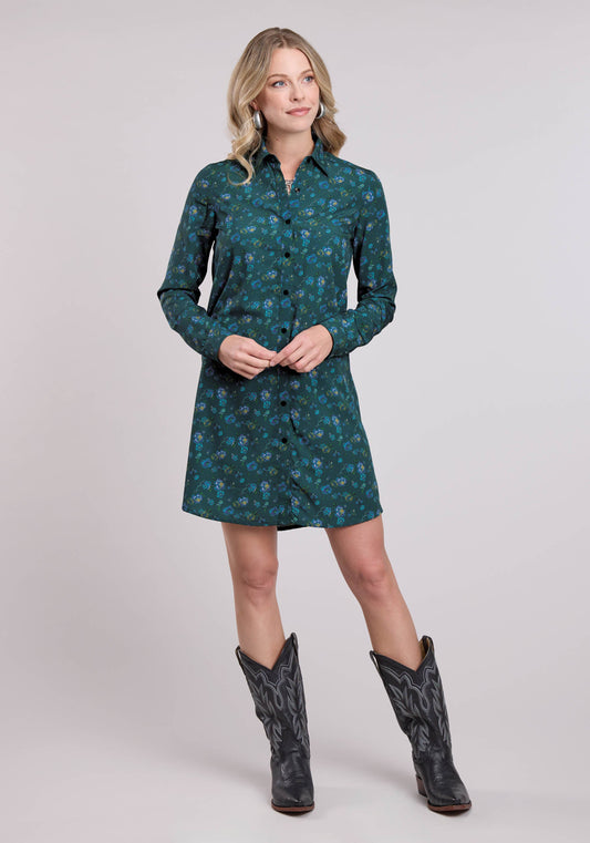 Womens Long Sleeve Dress Button Poly Crepe Teal Faux Embroidered Print West