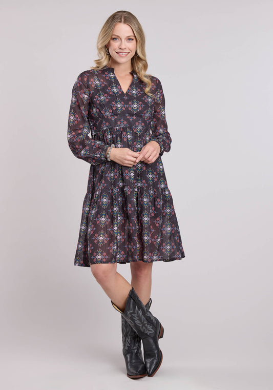Womens Long Sleeve Dress Pullover Poly Georgette Aztec Brights Western Dres