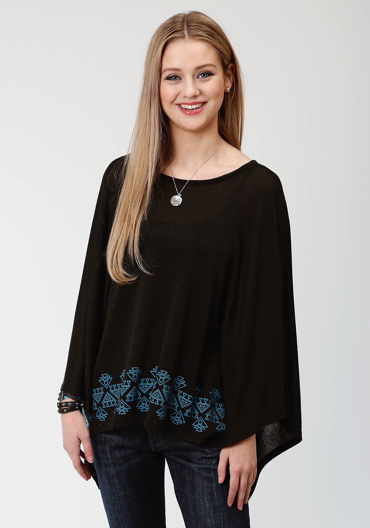 Womens Black And Turquoise Sweater Knit Poncho