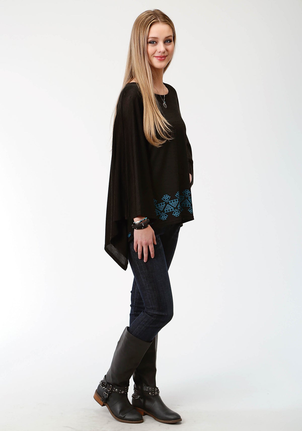 Womens Black And Turquoise Sweater Knit Poncho