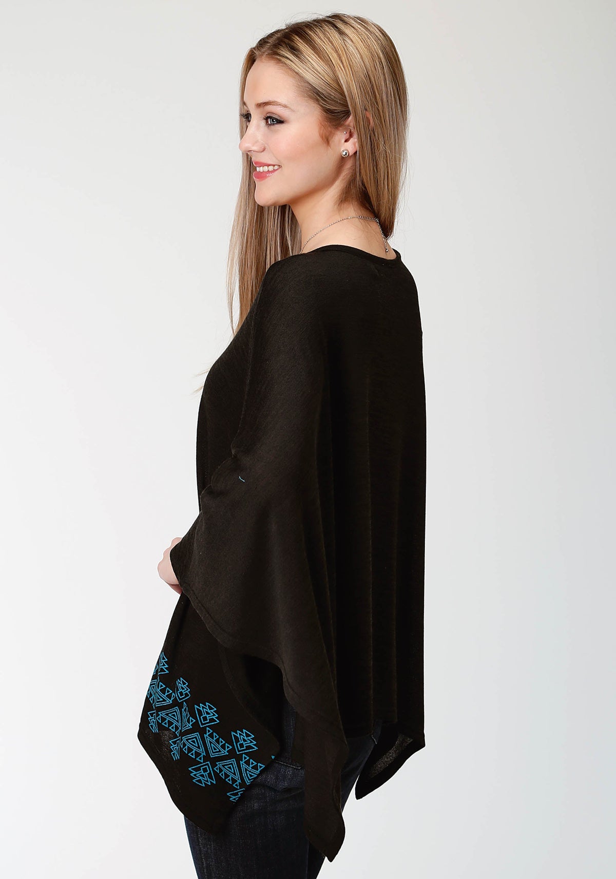 Womens Black And Turquoise Sweater Knit Poncho
