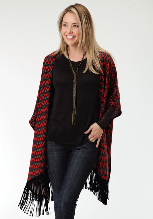Womens Red And Blue Chevron Print Poncho