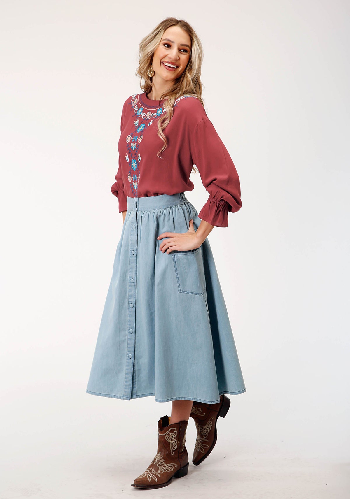 Womens Light Blue Denim Long Denim Skirt