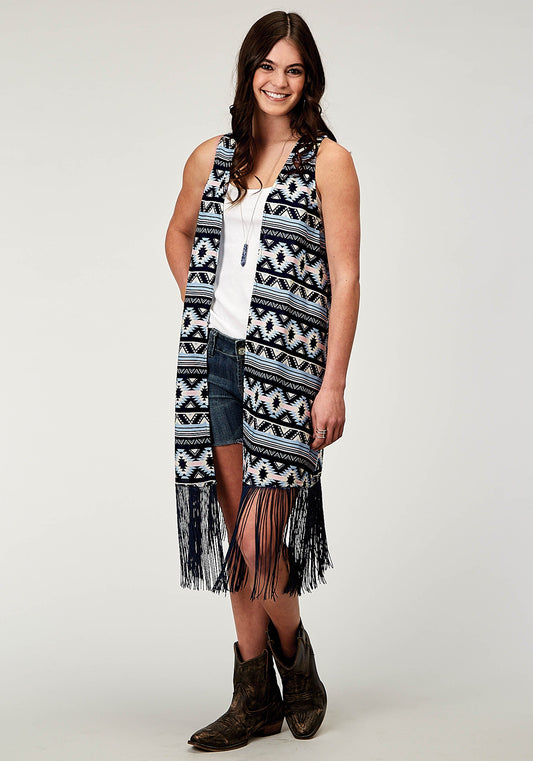 Womens Navy Aztec Printed Rayon Vest With Racer Back Cardigan Long Fringe T