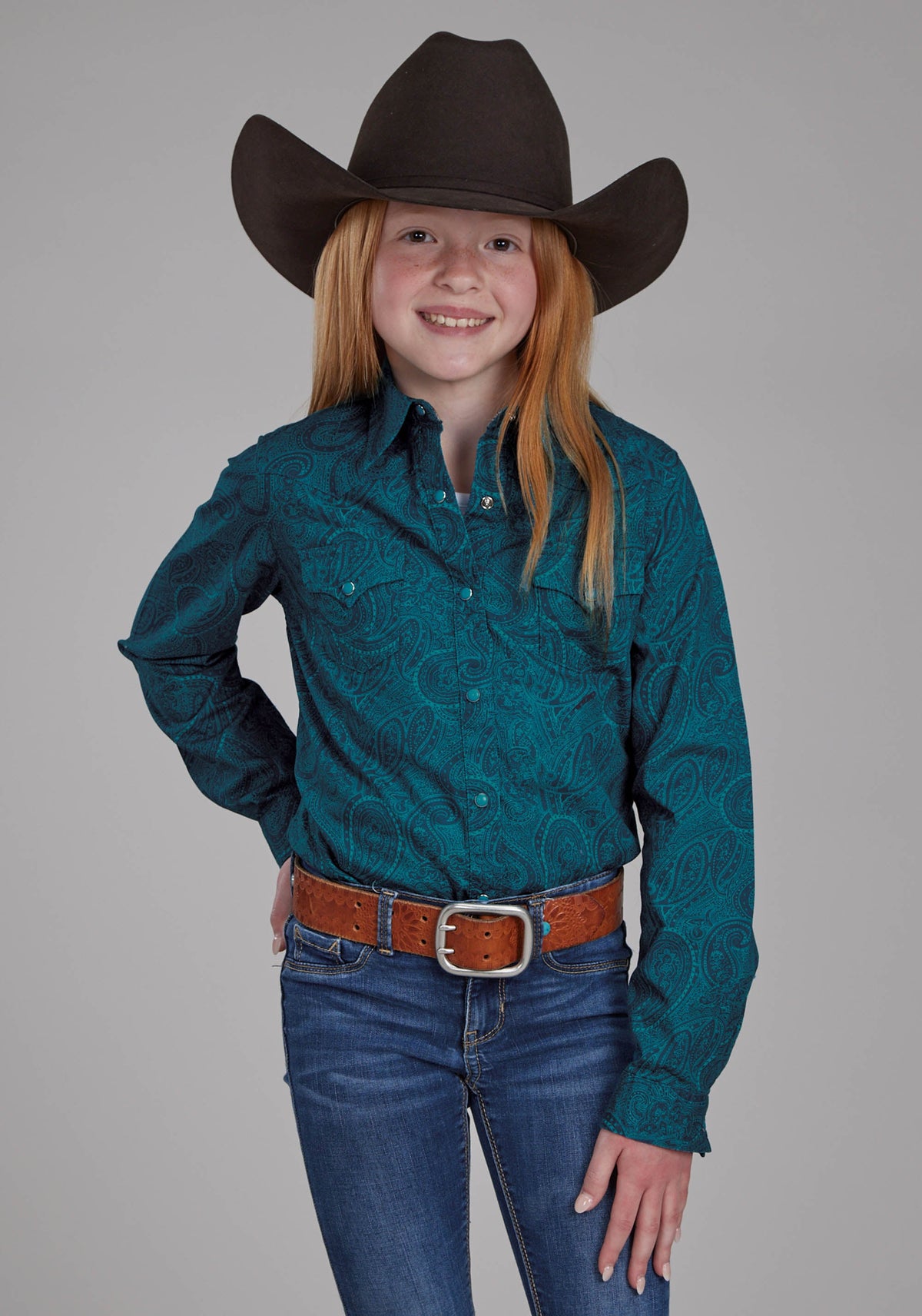 Girls Tonal Paisley Long Sleeve Snap Western Shirt