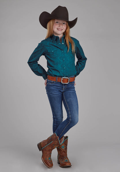 Girls Tonal Paisley Long Sleeve Snap Western Shirt