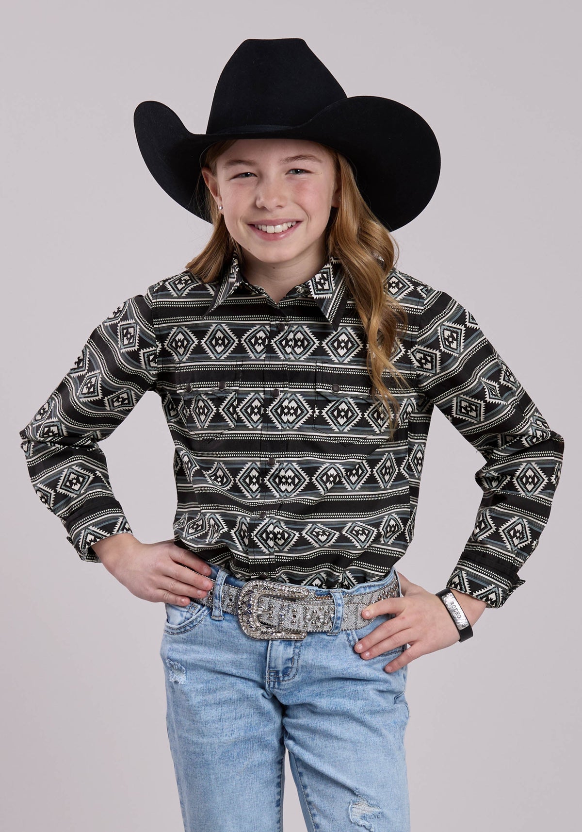 Girls Long Sleeve Snap Aztec Stripe Western Shirt