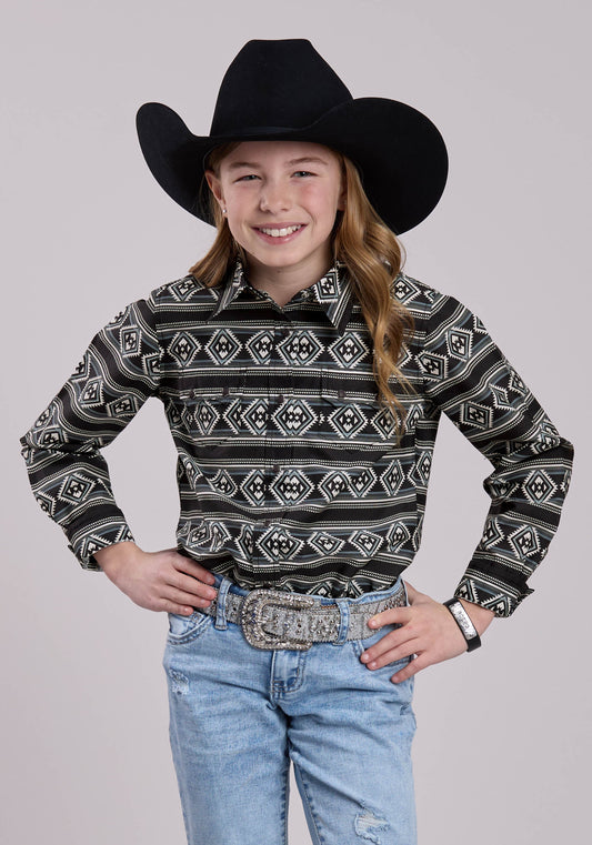 Girls Long Sleeve Snap Aztec Stripe Western Shirt
