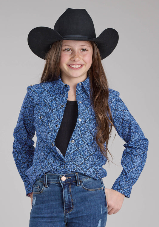Girls Saphire Ornamental Long Sleeve Snap Western Shirt