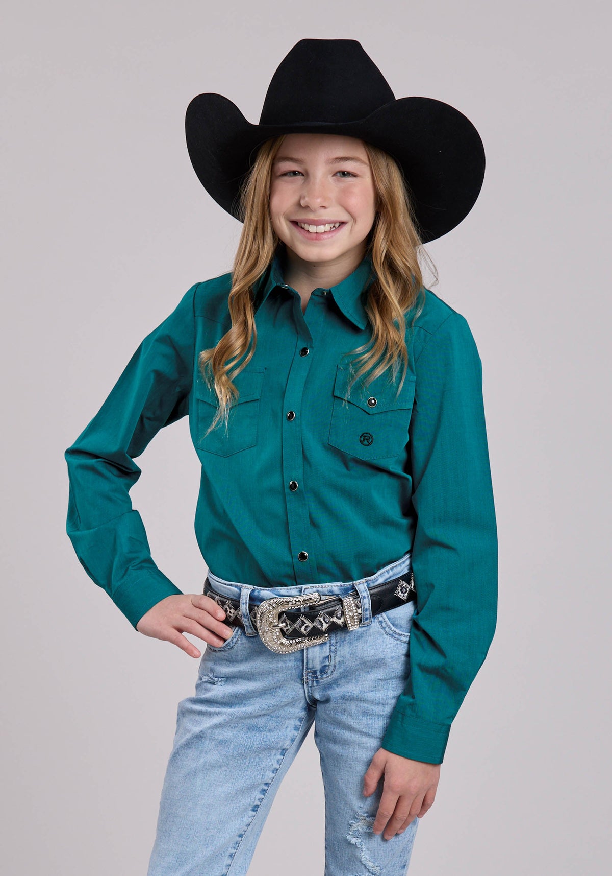 Girls Roper Solid Black Fill Teal Long Sleeve Shirt