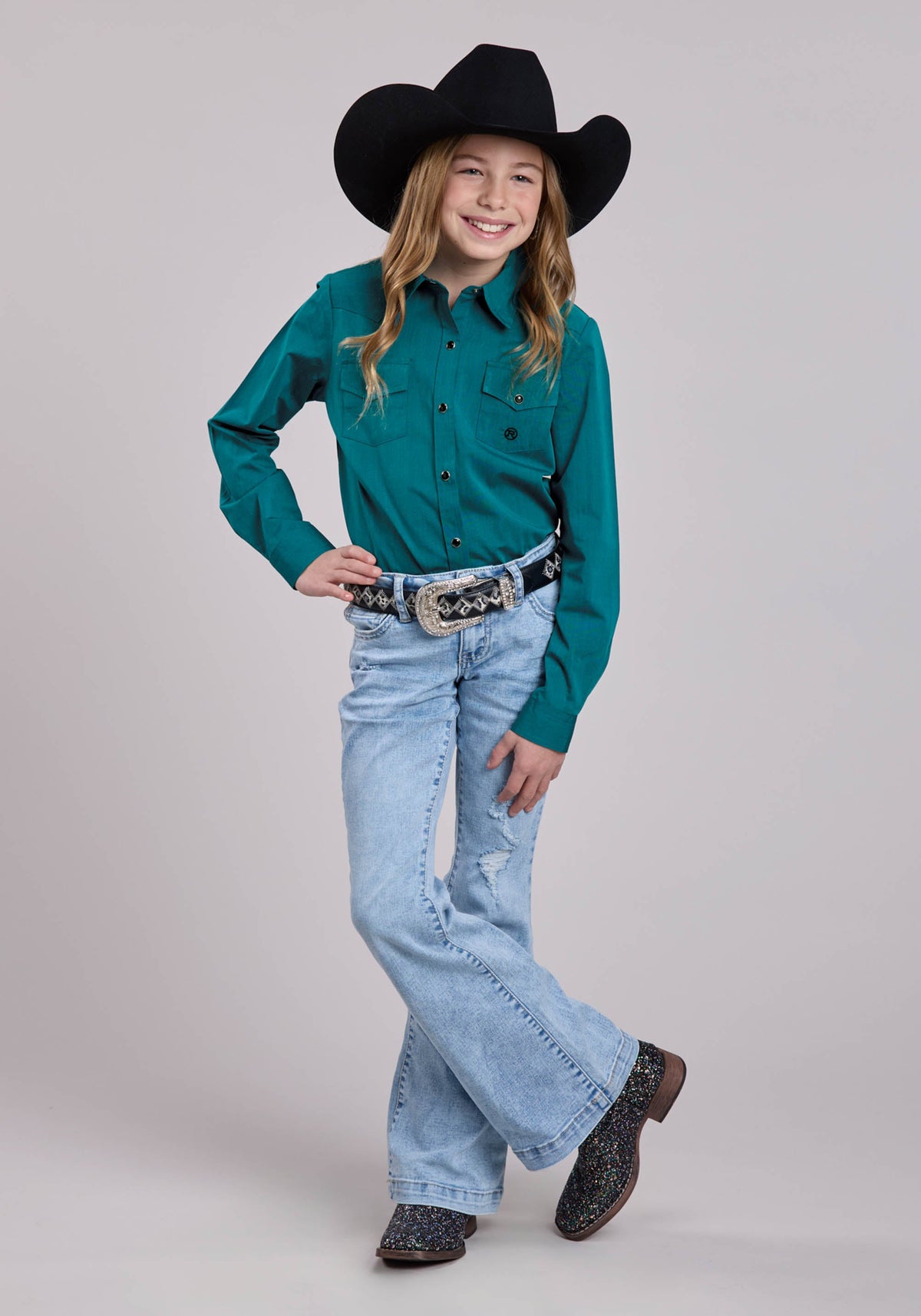 Girls Roper Solid Black Fill Teal Long Sleeve Shirt