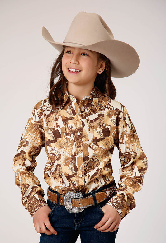 Girls Long Sleeve Snap Collage Print Western Shirt